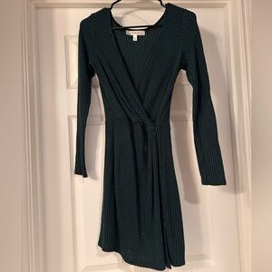 Teal/black long sleeve striped bodycon wrap dress size XS
